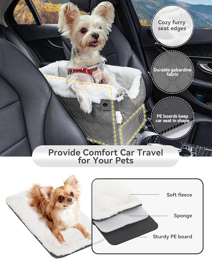 PETSFIT Center Console Dog Car Seat with Safe Protection Hooks, Pet Car Seat with Upgraded Safety Tethers, Washable Cushion, Console Dog Car Seats for Small Dogs Up to 8 Lbs (Grey)