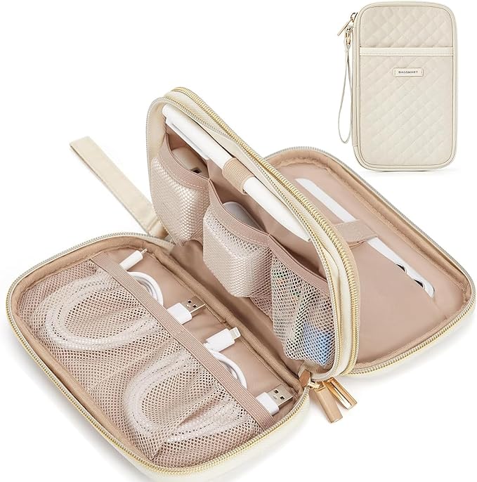 BAGSMART Electronic Cord Cable Organizer Travel Bag Case, Double Layers Tech Electronic Bag, Essentials for Charger, Cable, Phone, Flash drive, Beige