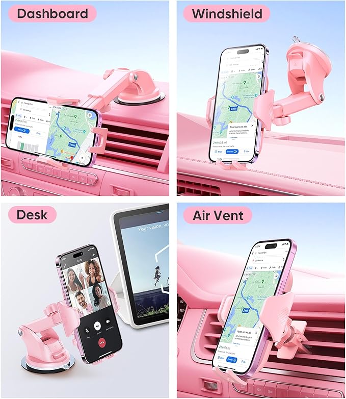 VICSEED Pink Phone Holders for Your Car, [True Military-Grade Shockproof Strongest Suction Power], 3-in-1 Dashboard Windshield Vent, Truck Boat Stand Cell Phone Mount for iPhone Android All Phones