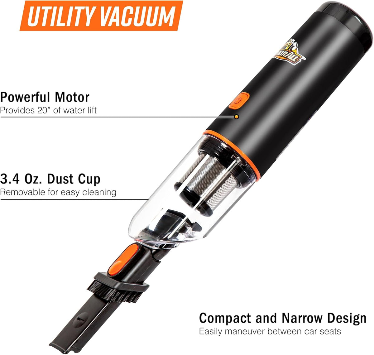 Armor All AA07V2 0901 Cordless Car Vacuum Handheld Mini Vacuum Cleaner for Car Interior Home, Orange