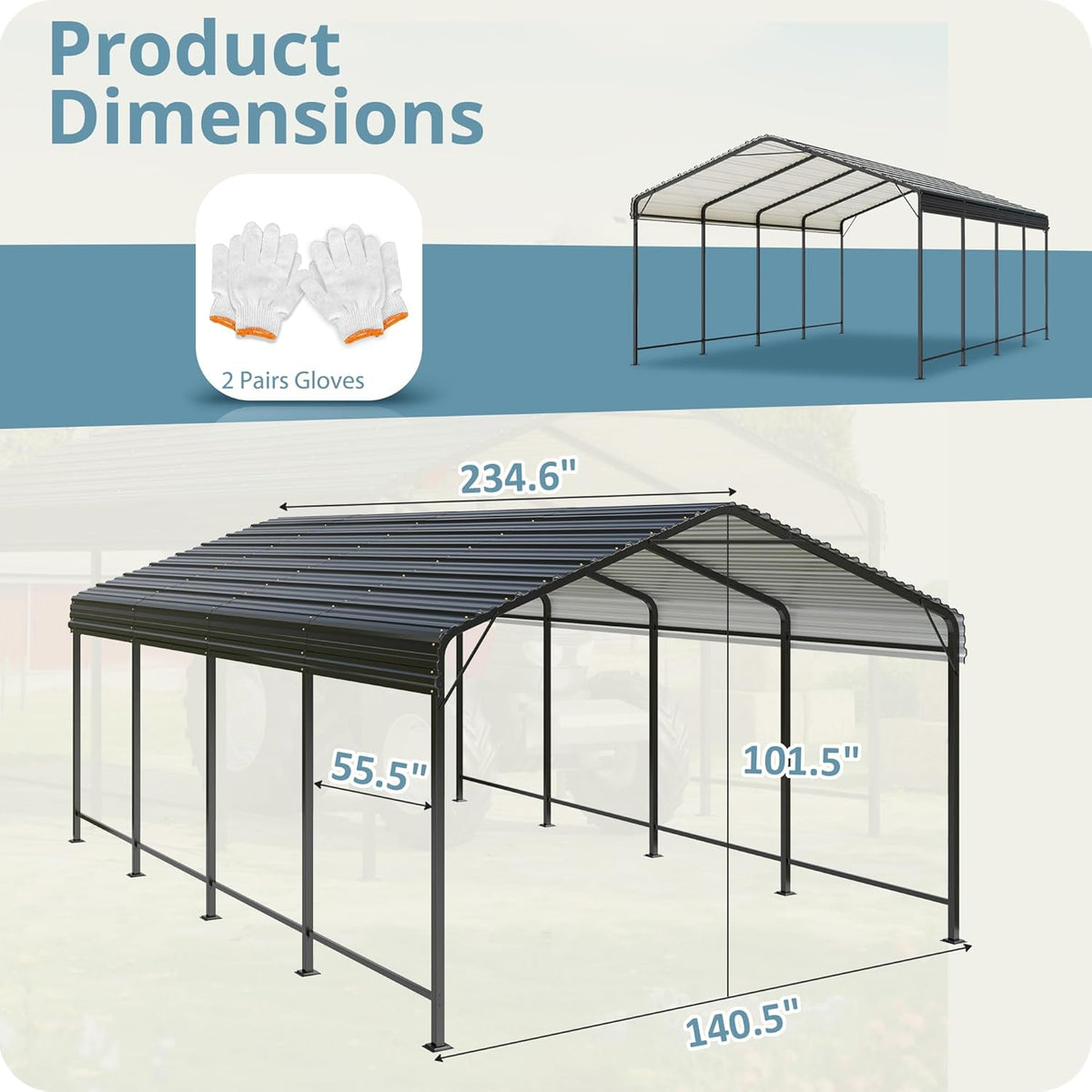 Carport 12x20 FT Metal Carport with Enhanced Base Outdoor Heavy Duty Garage Galvanized Car Shelter for Pickup, Boat, Car and Tractors