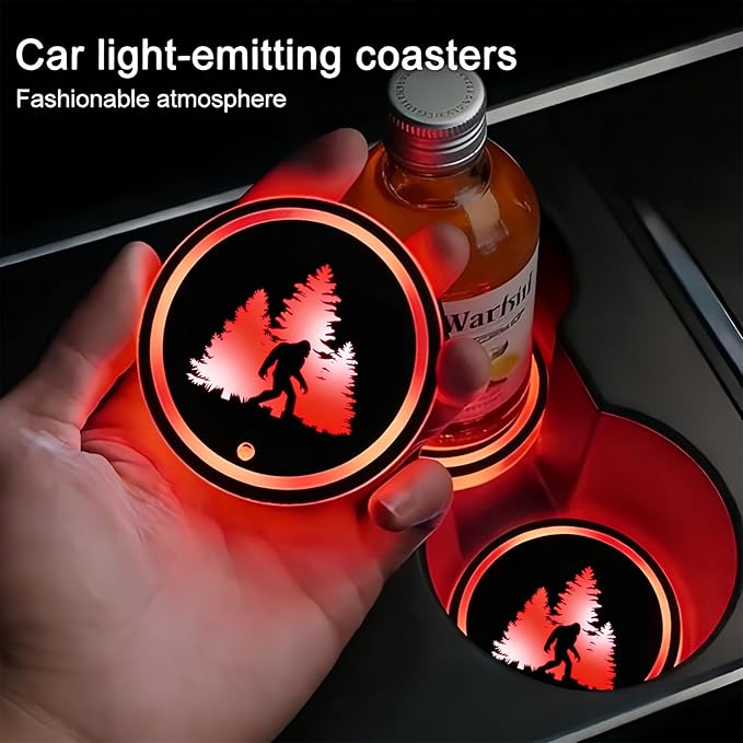 Bigfoot LED Cup Holder Lights for Car,2Pcs LED Light Up Cup Holder Coasters with USB Charging 7 Colors,Waterproof Interior Atmosphere Lamp,Car Decor Accessories Sasquatch Gifts for Women Men