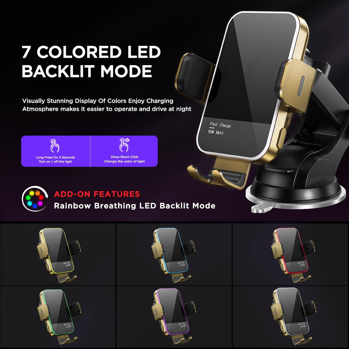 Wireless Car Charger,【7 Colored RGB Backlit】 15W Auto Clamping Phone Holders for Your Car for iPhone 16 15 14 13 12 Mini Pro Max 11 XR XS X, Samsung Galaxy S24 Ultra S23 S22 S21+ Note 20, etc - Gold