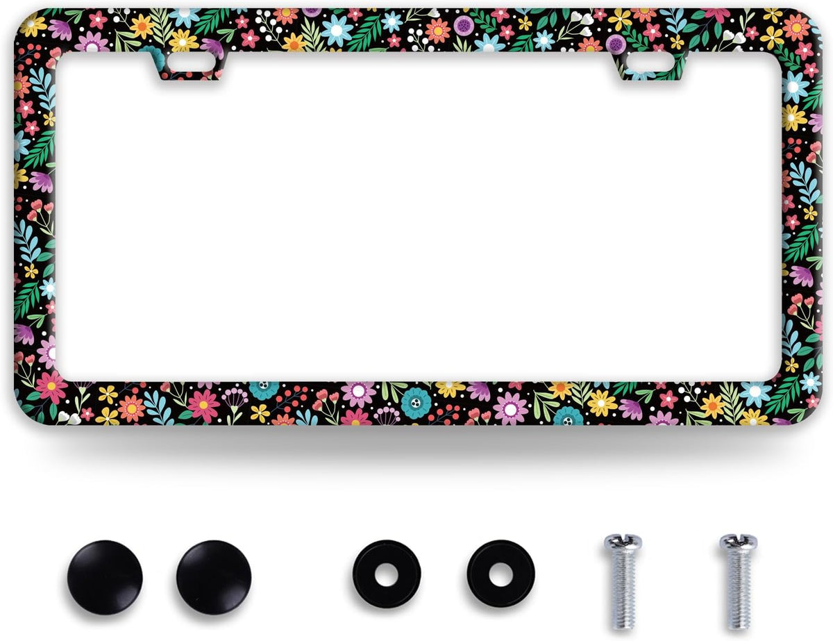 Colorful Flowers License Plate Frame Funny Floral License Plate Frames Stainless Steel Accessories Cars Decor with 2 Holes and Screws Fits Standard Us Ca Vehicles License Plate Holder 12.2 X 6 Inch