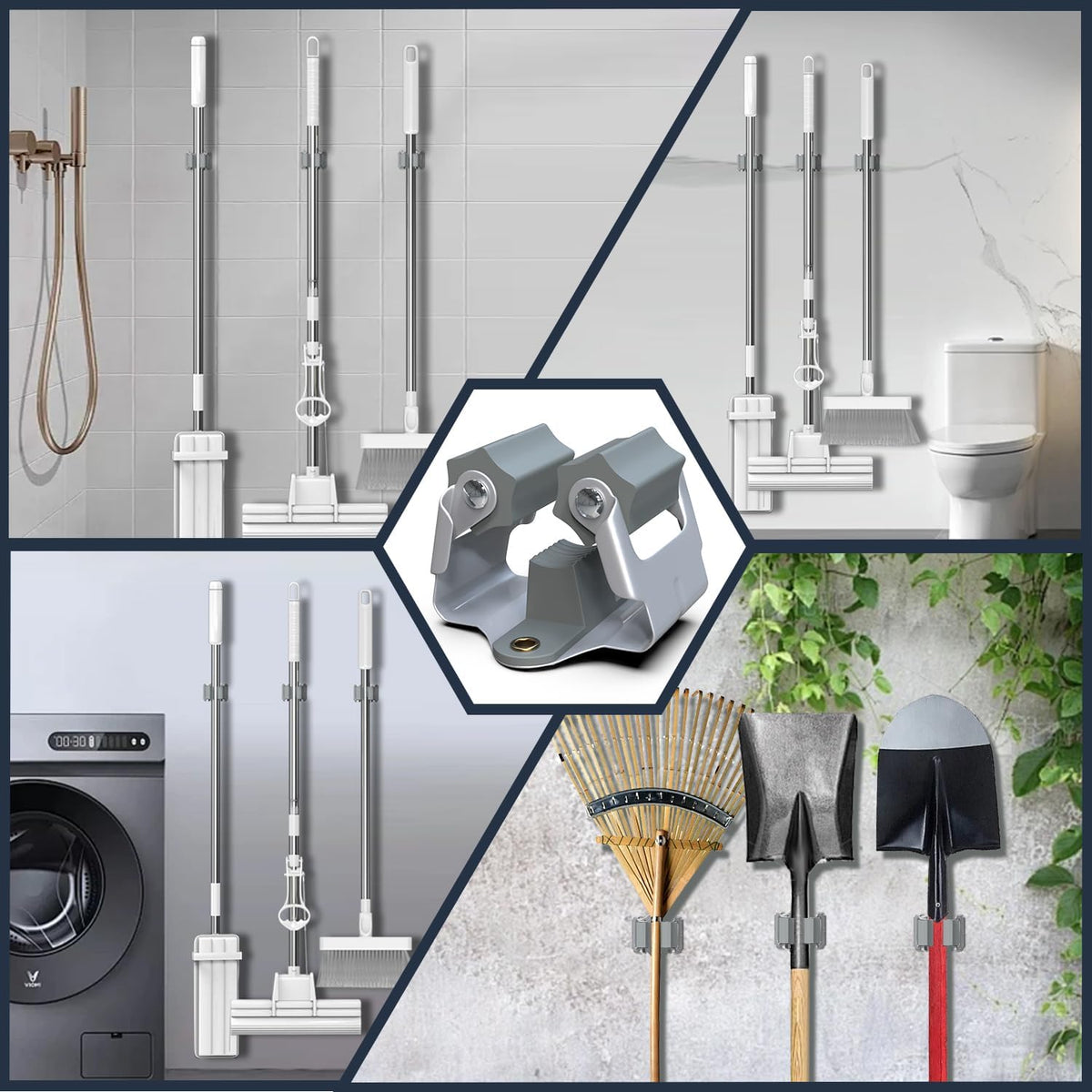 3-H 45 Pack Mop and Broom Holder Wall Mount Big Size Hanging 1 KG Extra,Broom Hanger Wall Mount for Hanging and Organizing Shove Rake Yard Tools in Shed Kitchen Laundry Room Bathroom Garden(grey)