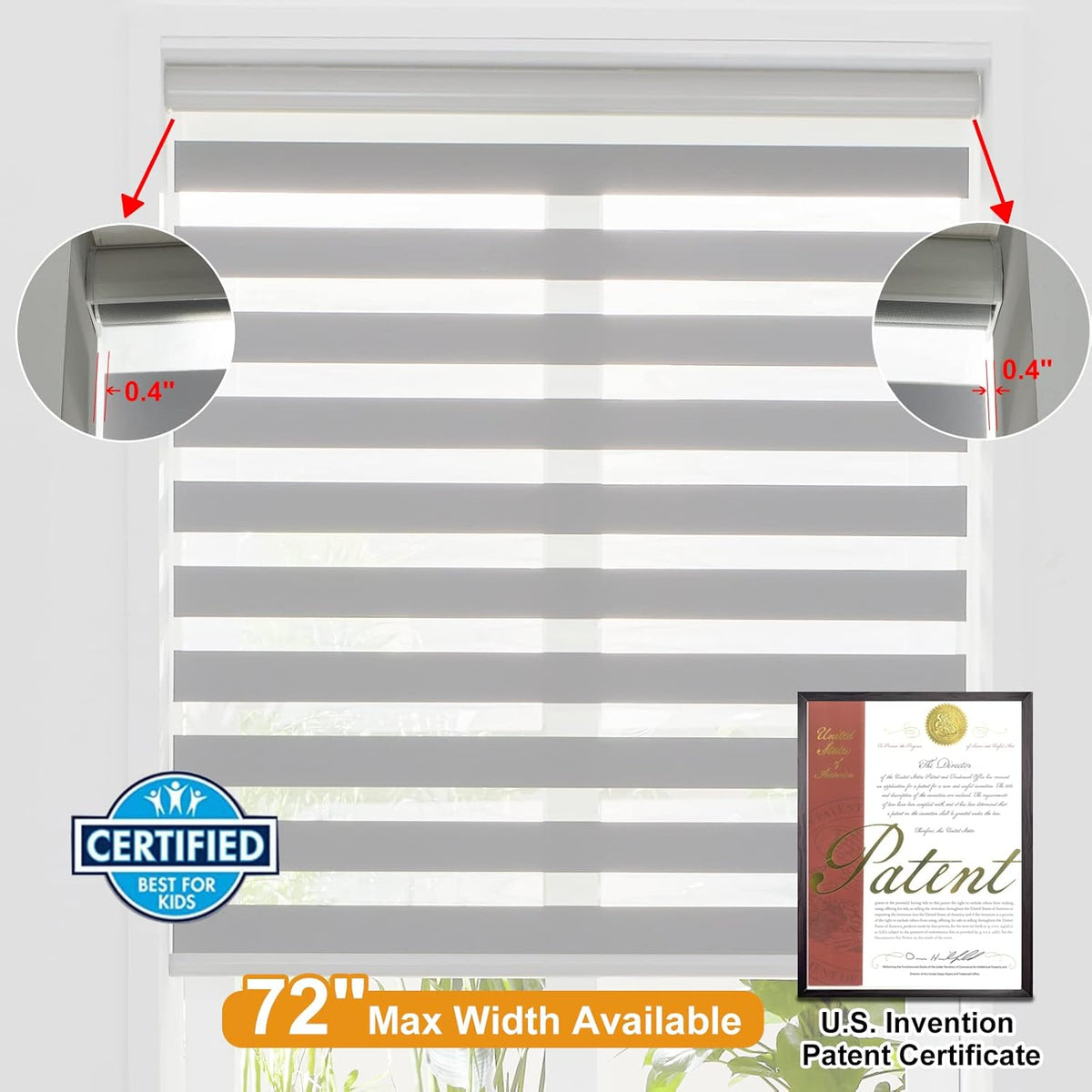 Persilux Cordless Zebra Blinds for Windows Free-Stop Roller Windows Shades (34" W X 64" H, Grey) Dual Layer Light Control for Day and Night, Light Filtering Sheer Shades for Home