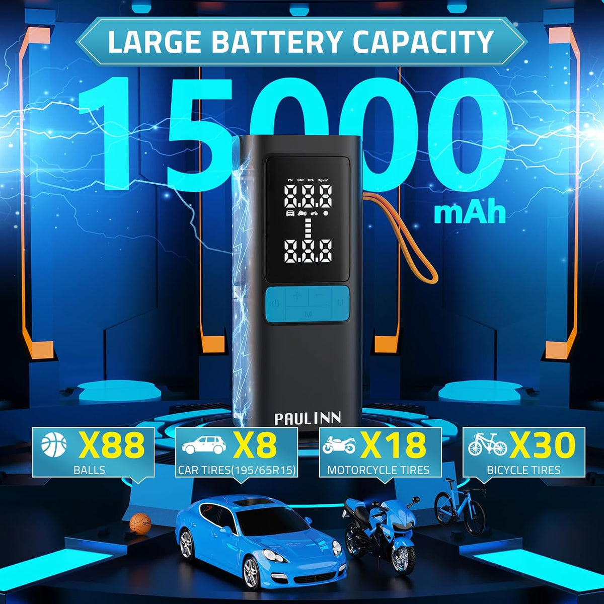 Tire Inflator Portable Air Compressor, 3X Faster 150 PSI 15000mAh Cordless Air Pump for Car with Gauge Dual LCD Display, LED Light & Auto Shut-Off, Portable Tire Inflator for Car/Motor/Bicycle/Ball