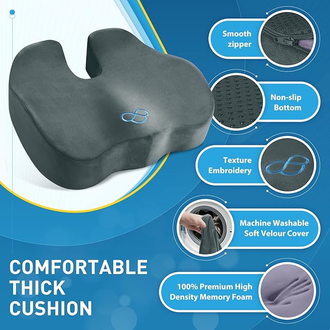 BlissTrends Seat Cushion,5.2in Thick Memory Foam Cushions for Office Chair, Car Seat, Airplane, Relieving Pressure Tailbone Sciatica Back Pain for Long Sitting Office Workers, Car Drivers DarkGreen