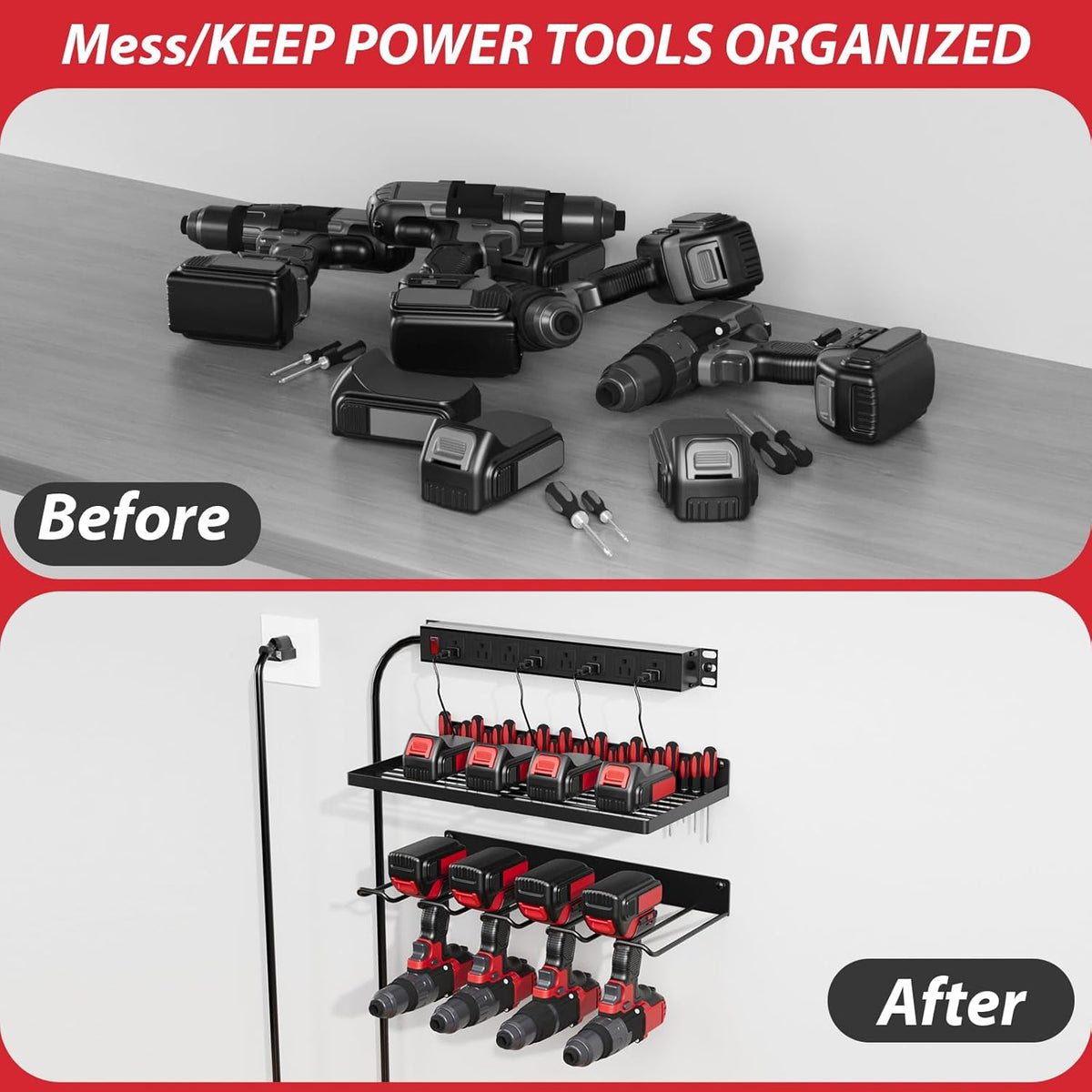 Power Tool Organizer With Charging Station, Wall Mount Drill Holder, Screwdriver and Battery Organizer, Heavy Duty Rack for Garage, Workshop, Tool Room, Workbench