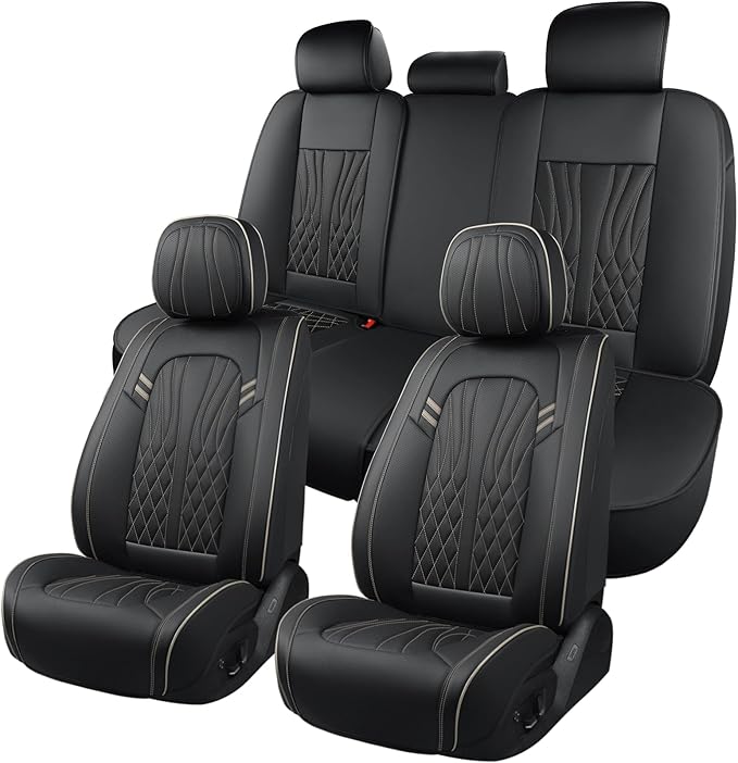 Leather Car Seat Covers 5 Pieces, Full Set Universal Seat Covers for Cars, Waterproof Nappa Leather Auto Seat Protectors, Black Car Seat Cover Most Sedans SUV Pick-up Truck Black&BeigeLine