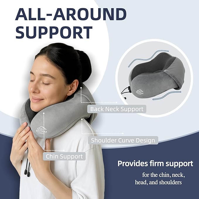Travel Pillow with Extra Large Hood for Airplane Long Flights Privacy and Comfort Memory Foam with Velvet Cover for Road Trip Head&Neck Support for Plane Office Cars Sleeping & Rest (Light Grey)