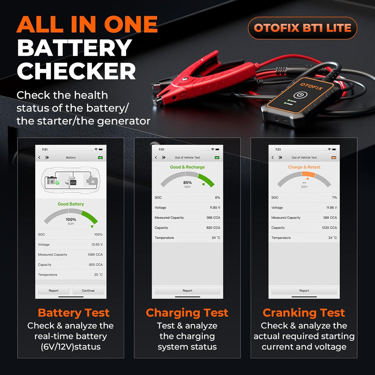 OTOFIX Car Battery Tester BT1 Lite, 6V 12V 100-2000 CCA Car Battery Analyzer, Auto Cranking Charging System Test Scan Tool, Battery Load Test,Use with D1/D1 Lite/D1 PROS/D1 MAX/IM1/IM2/Ultra