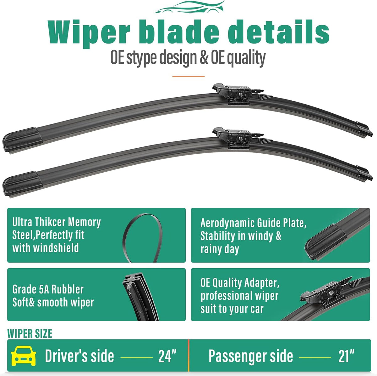 24" 21" 12" Windshield Wiper Blades Replacement for Buick Enclave 2012 2013 2014 2015 2016 2017 Premium All Weather Front Rear Wipers Set - OEM Quality (Pack of 3)