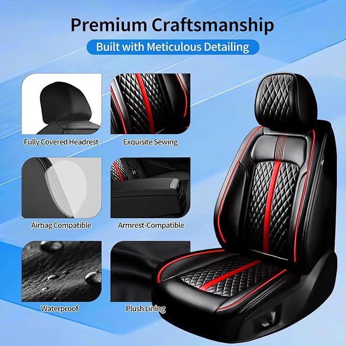 Fit Ridgeline Car Seat Covers (Front Pair) for Select Honda Ridgeline 2007-2026 - Premium Full Coverage Leather, Waterproof & All Weather Seat Cushion Protector, Black with Red Trim