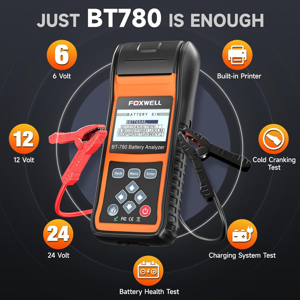 FOXWELL BT780 Car Battery Tester, 12V 24V Battery Load Tester with Printer 100-2000CCA Digital Automotive Cranking Charging System Analyzer for Car Motocycle Heavy Duty Truck Marine SUV Boat