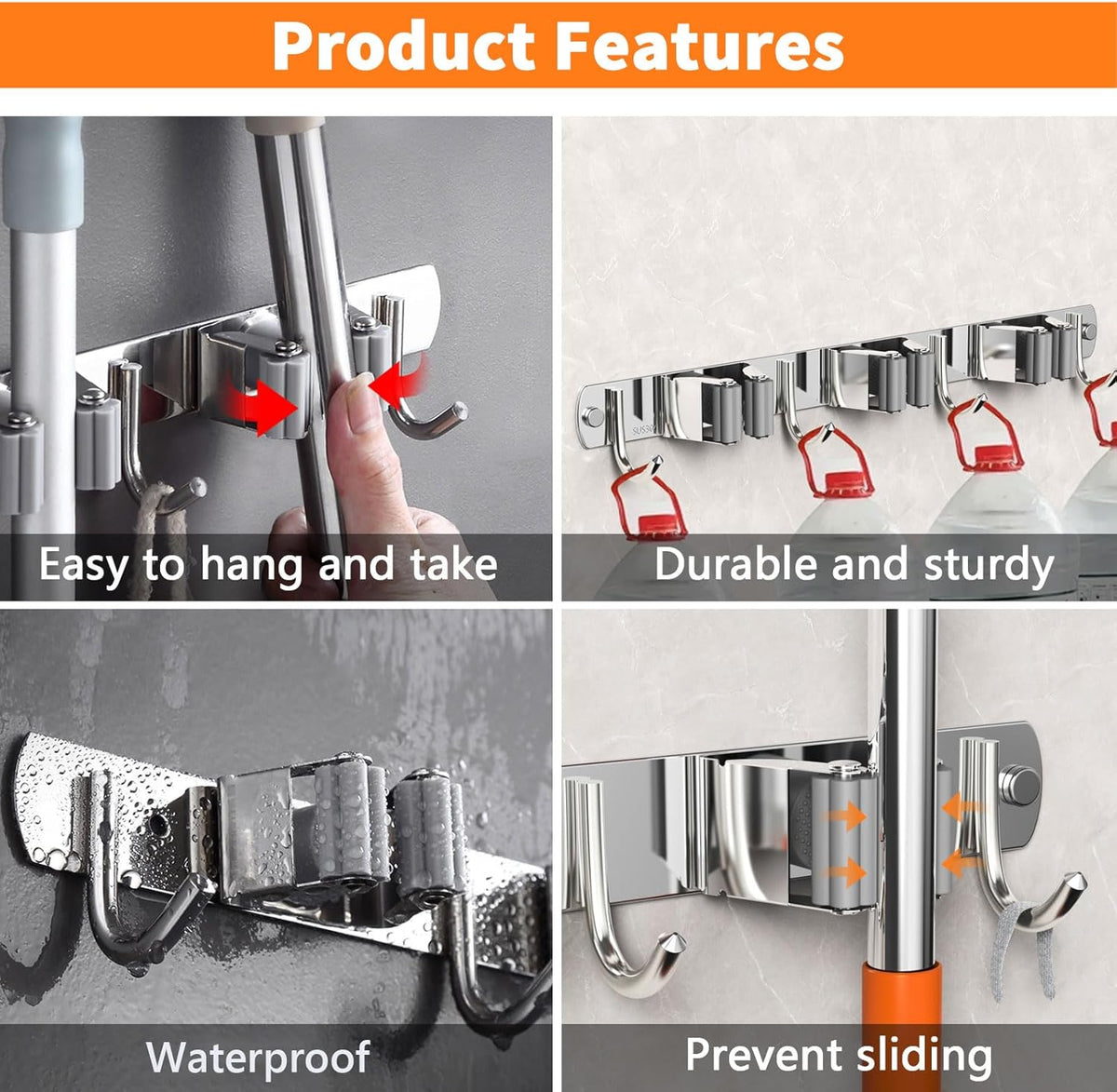 Mop and Broom Holder Wall Mount, Upgraded Broom Organizer Wall Mount, Stainless Steel Broom Hanger Wall Mount for Home Kitchen Garden Laundry Garage (3 Racks with 4 Hooks)