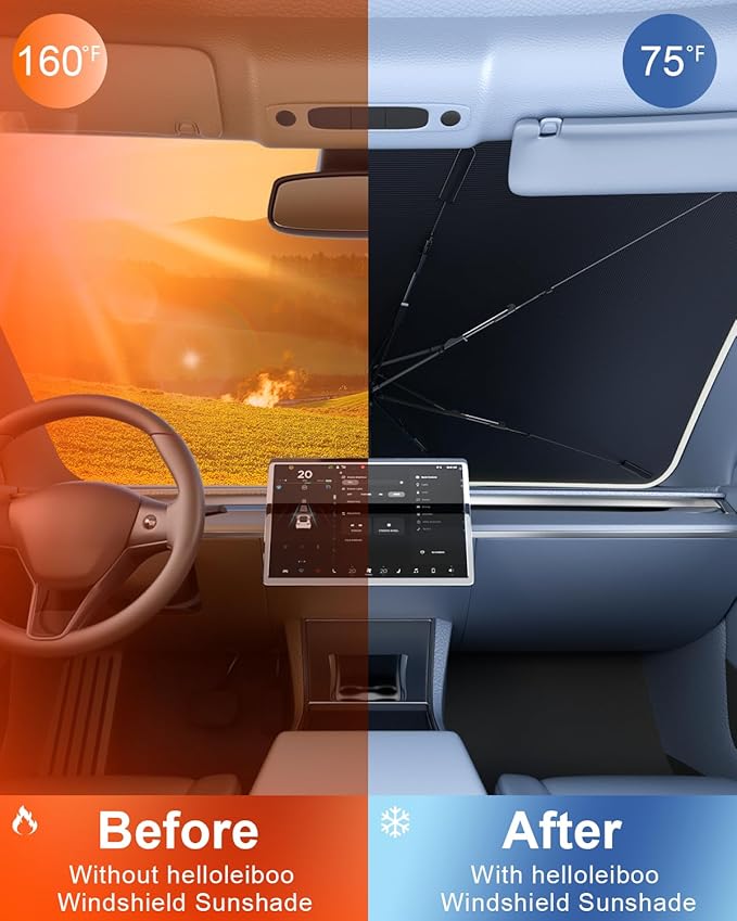 helloleiboo [2025 Upgraded] Car Windshield Sun Shade Umbrella 61"x 34" Windshield Sun Shade Foldable 5-Layer Thickened Vinyl Coating Reflective Polyester Blocks Heat & UV Rays for Large Car Truck SUV
