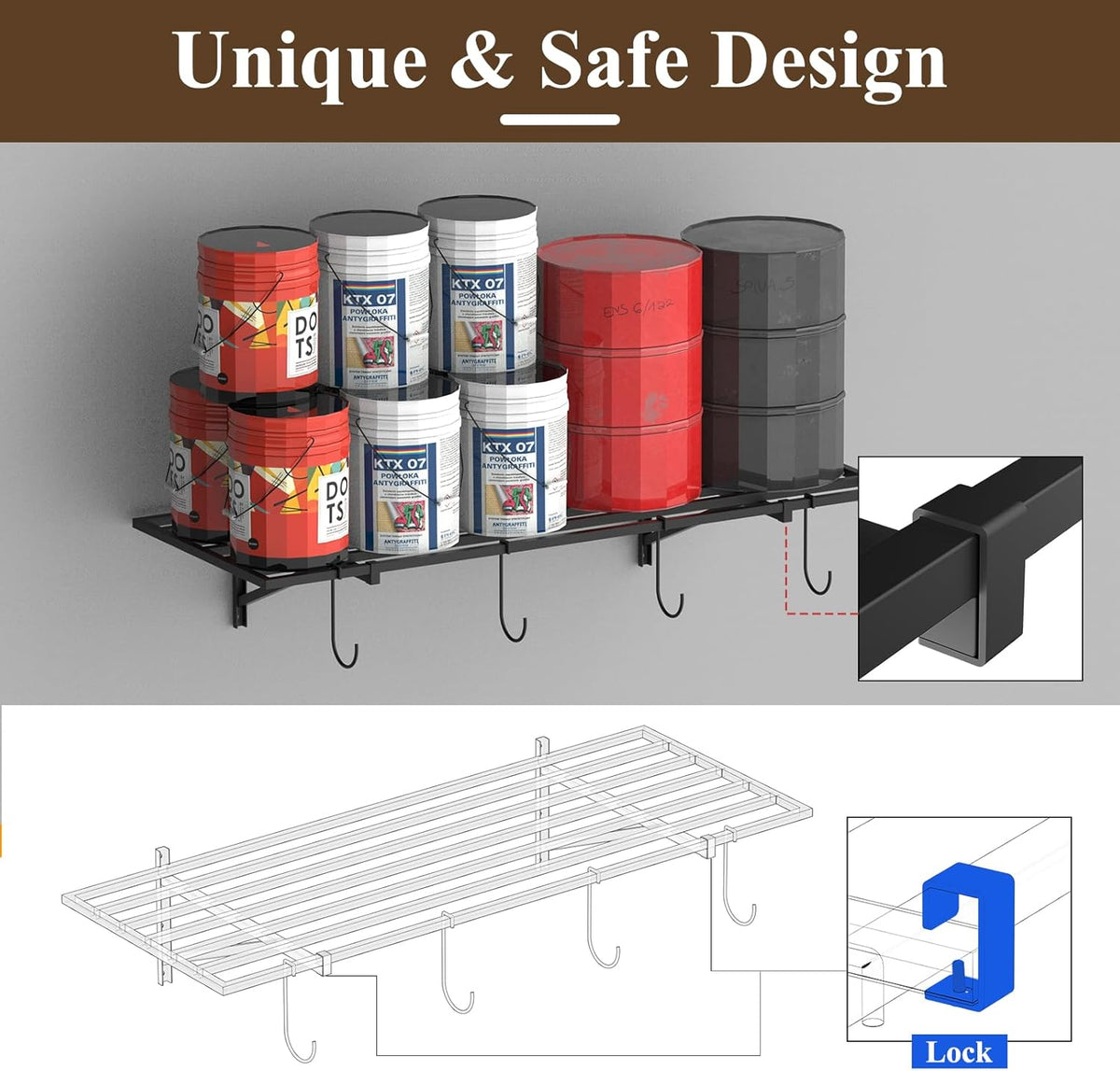 PEKGRIL Garage Wall Shelving Set of 2, 1.5X4 ft Garage Wall Shelves with 8 Hooks, Heavy Duty Wall Mounted Storage Shelf, Loads 260 lbs Each Metal Wall Shelf, Black