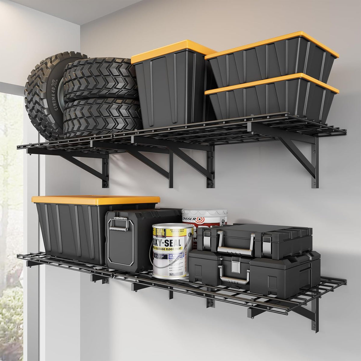 4 Pack Heavy Duty Garage Wall Shelving Set (2x3ft), Wall Mounted Garage Shelves 1000lbs Capacity, 24"x72" Shelf Storage Rack Floating Shelves, Black