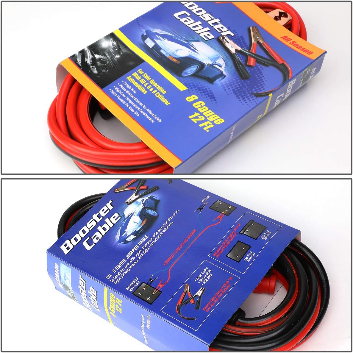 Auto Dynasty Heavy Duty 12Ft 8Gauge Booster Cable Power Jumper 250AMP Emergency Battery Start Car/Motorcycle