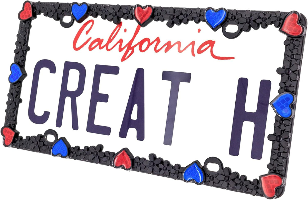 Creathome 3D Daisy Heart License Plate Frame from Pure Zinc Alloy Metal Perfect Plate Holder, Matt Black Daisy with Red and Blue Reflective Heart