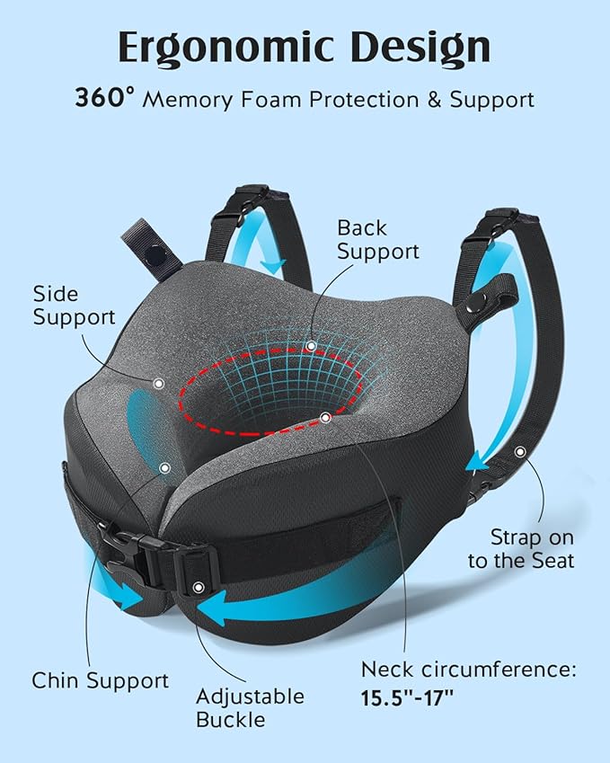 YFONG Travel Pillow for Long Flight Airplanes, Head Strap Combo with 3D Contoured Eye Mask for Sleep, Neck Pillow for Car Trip Essential, 360° Support Memory Foam Headrest, Prevent Head Bobbing, Grey