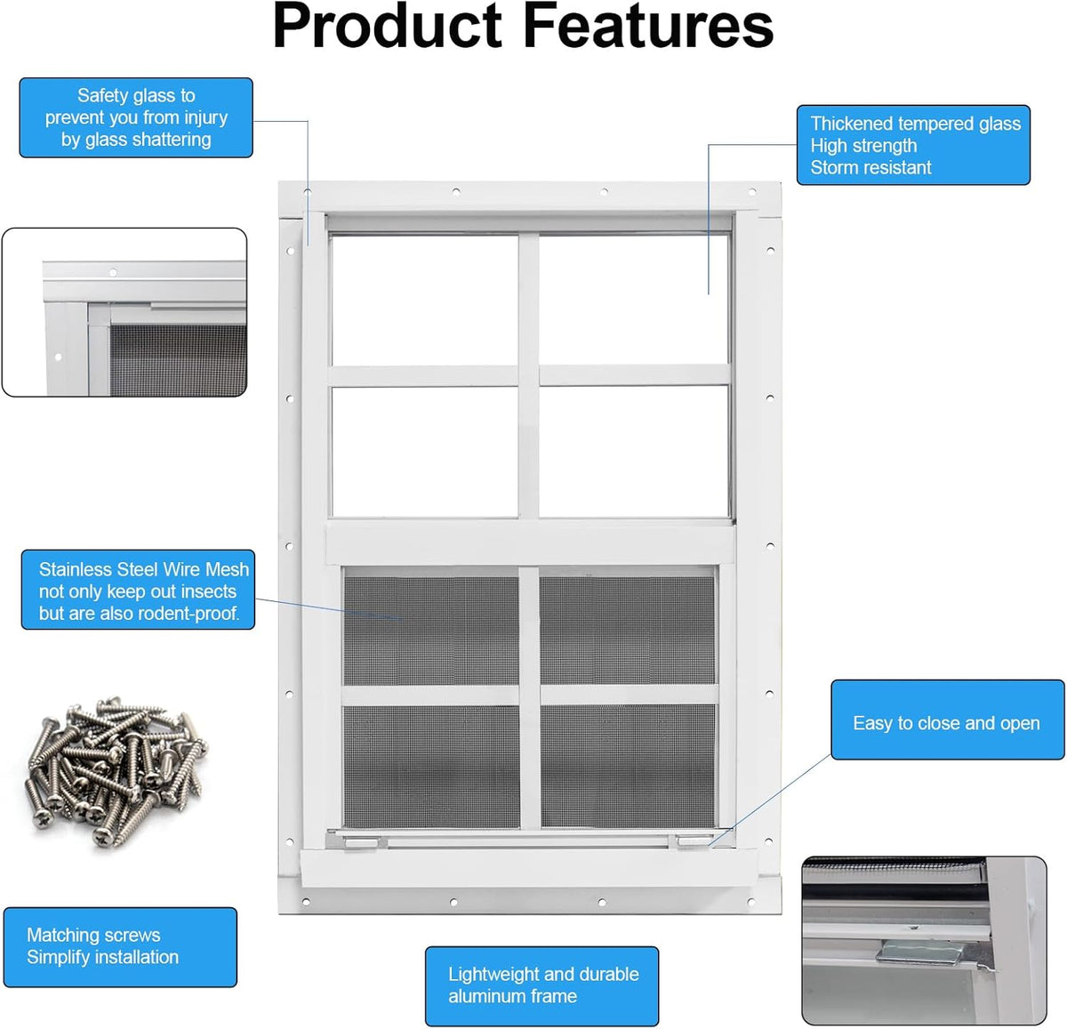 NeatiEase Upgraded Shed Windows 2 Pack, 36" x 36" Windows with Tempered Glass and Stainless Steel Screen for Shed, Chicken Coop, Playhouse, Household, Garage(White)
