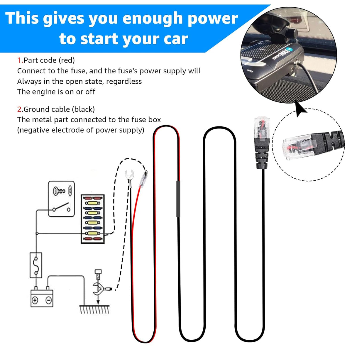 Radar Detector Hardwire Kit,Compatible with Escort Valentine One Uniden Beltronics Cobra,with RJ-11 Telephone Style Jack Direct Wire Wiring Kit Multiple Fuse Sizes Power Cord Cable