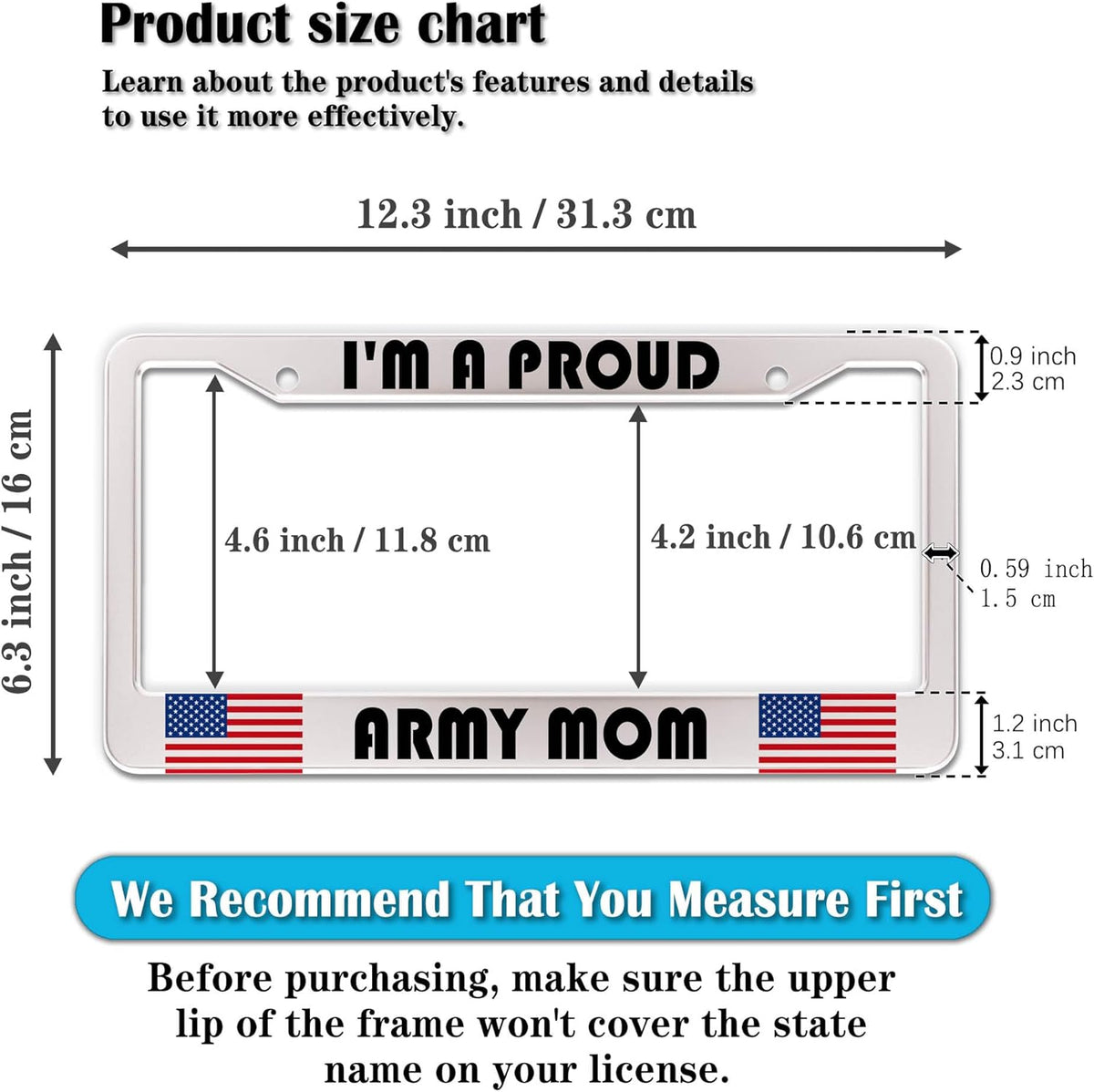 License Plate Frame Holder Black and White License Plate Frames I’m a Proud Army Mom Universal Aluminum Car Accessory 2 Pack with Screw Covers Set