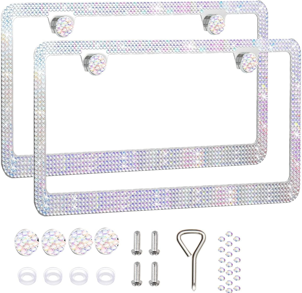 2 Pack License Plate Frames for Women, Sparkly Rhinestone Diamond Car Accessories with Glitter Crystal Caps (Colorful (2PCS))