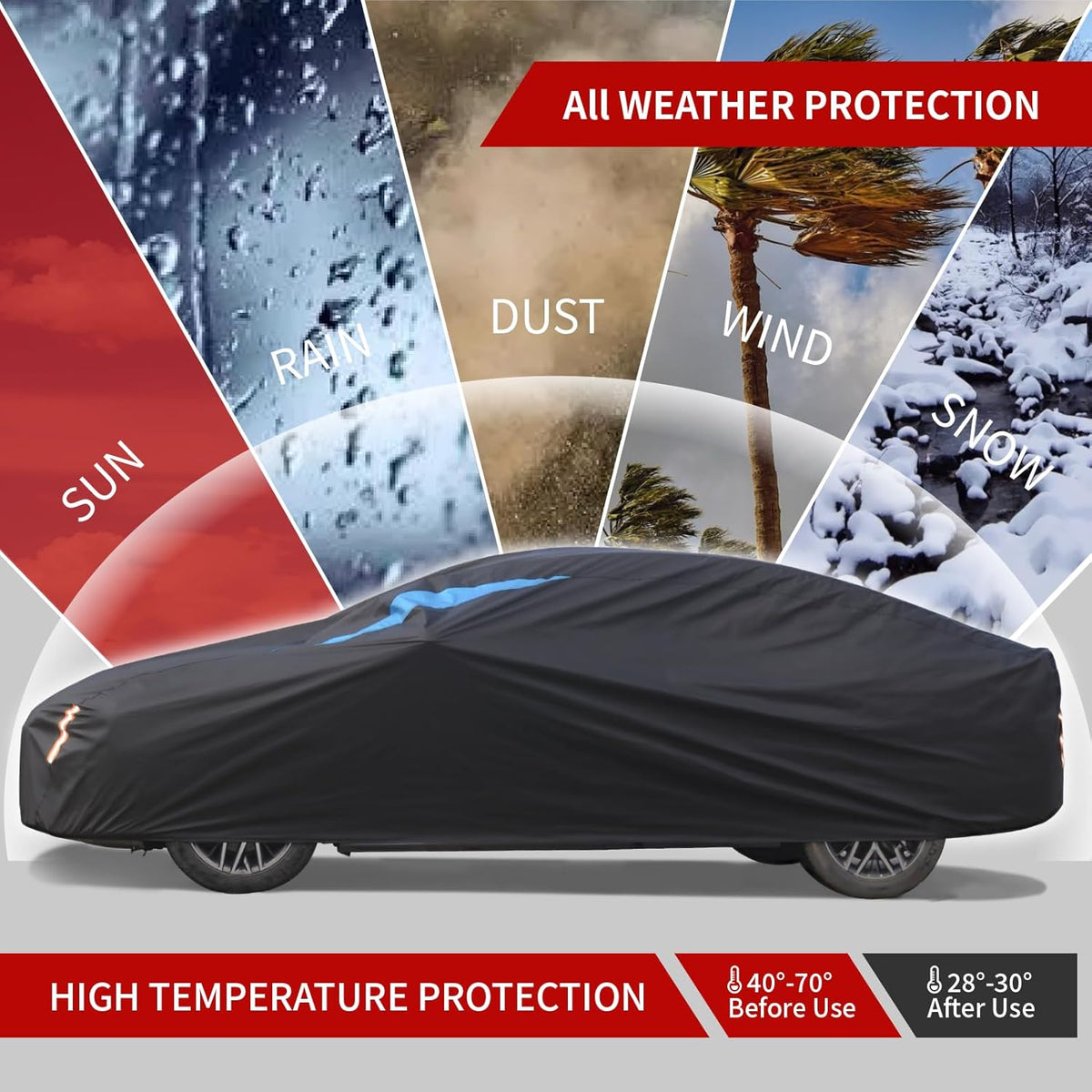 Car Cover Waterproof All Weather, 6 Layers Car Covers for Automobiles, Full Exterior Cover with Zipper, Outdoor Car Cover Sun UV Rain Snow Wind Protection for Sedan (190-195 inch)