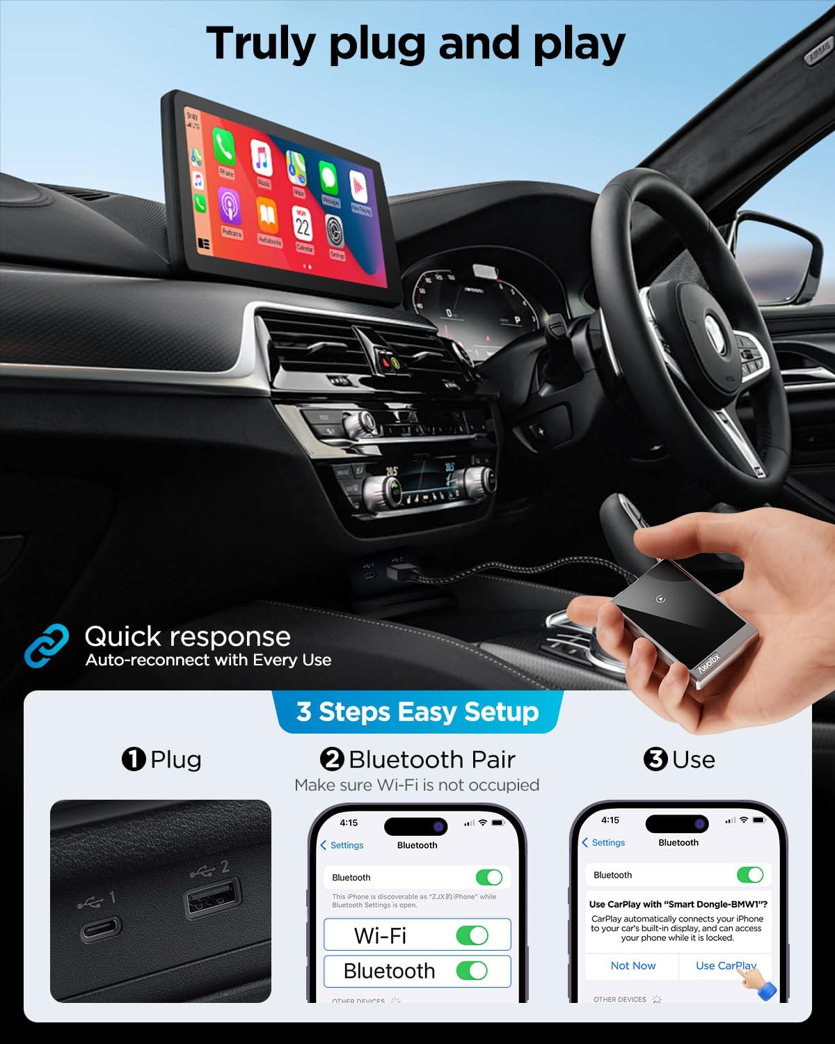 Wireless CarPlay Adapter for iPhone,2024 Upgraded Dual-core 5G Chip,Converts Wired to Wireless Carplay Dongle,Fast Connection Plug & Play, Fit for Cars with Built-in Wired CarPlay (Black)