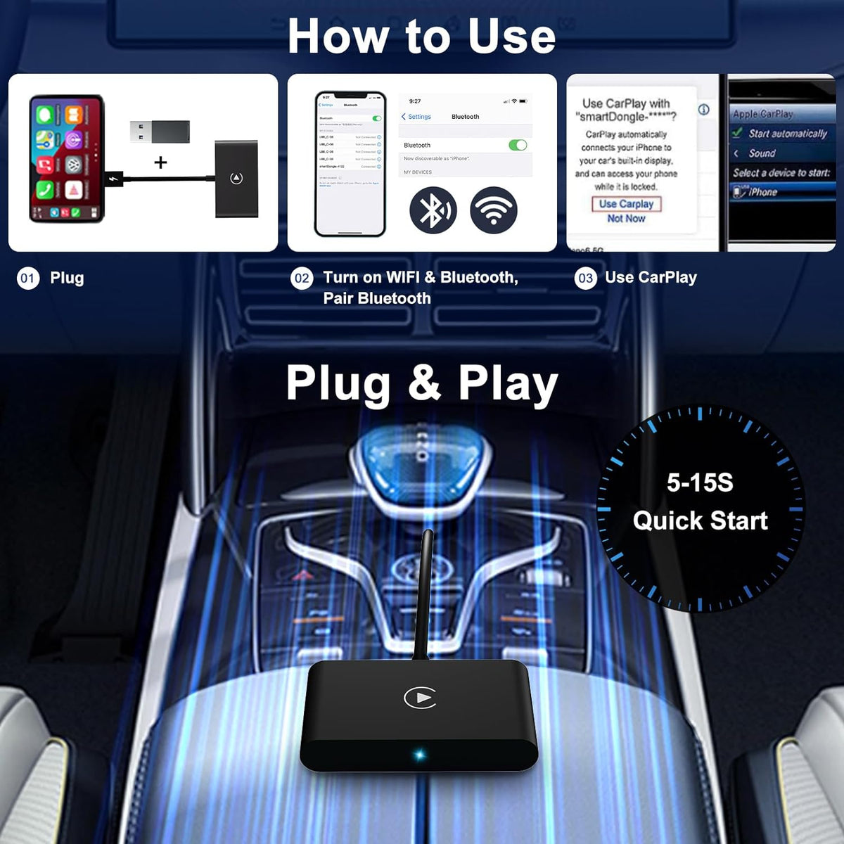 Wireless CarPlay Adapter, 2024 Upgrade CarPlay Wireless Adapter for OEM Wired CarPlay Cars, Fastest and Most Stylish Dongle, Convert OEM Wired to Wireless CarPlay, Plug & Play