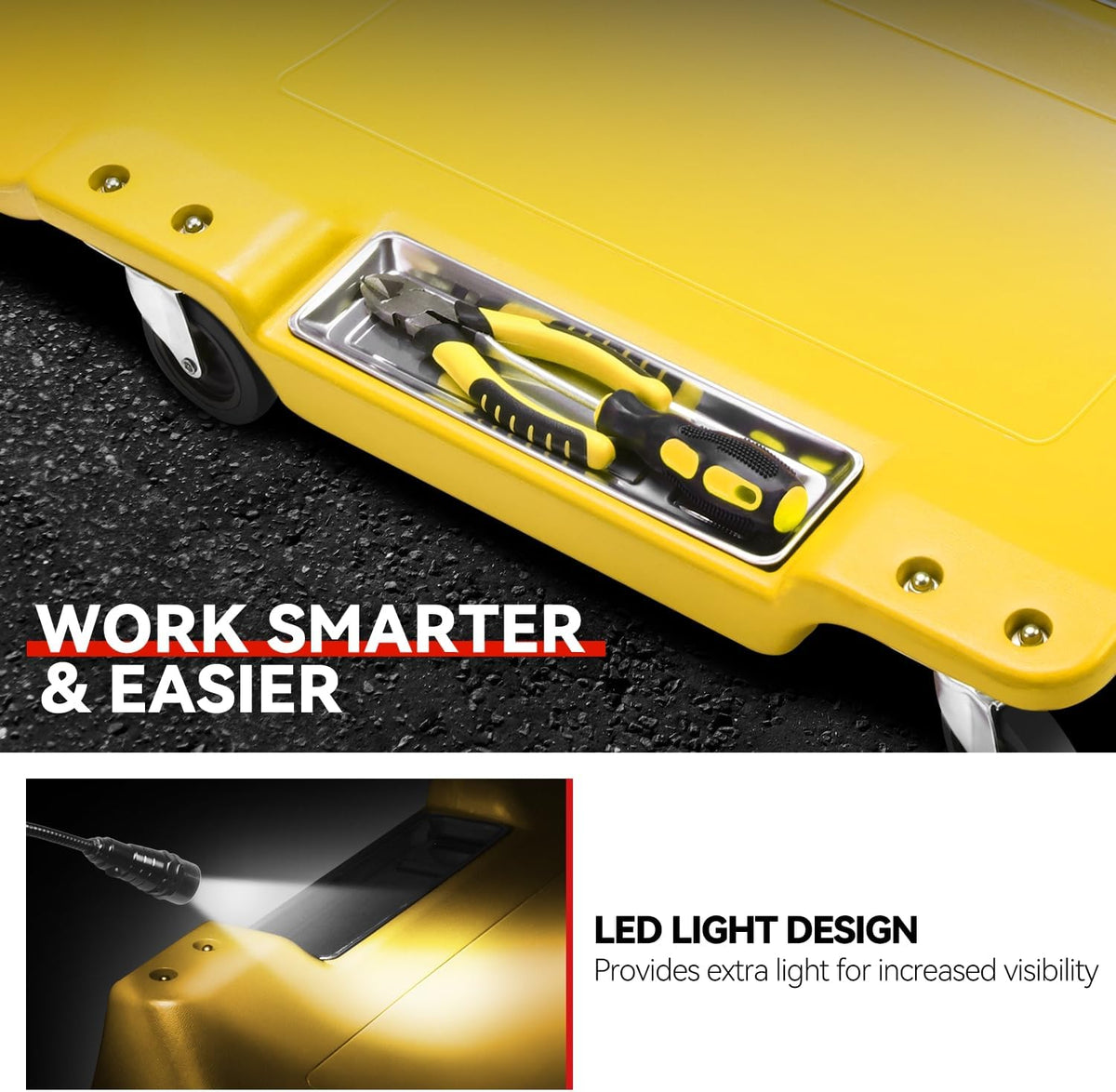 Auto Dynasty 40 Inches Mechanic Creeper, Automotive Garage Repair Low Profile Under Car Rolling Creeper with LED Light and Padded Headrest, Plastic, Yellow
