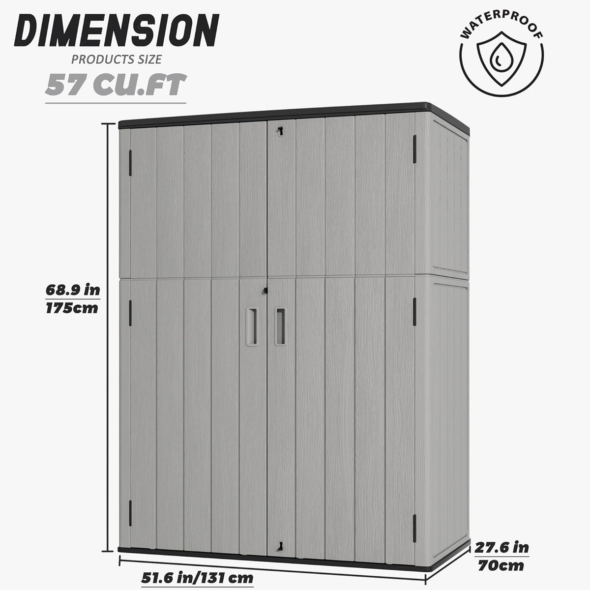 Plastic Outdoor Storage Cabinets,Vertical Sheds&Outdoor Storage with Floor,Outdoor Storage Box Waterproof/Lockable for Garage,Bike,Tools Storage Shed (57Cu.ft-Pale Grey)