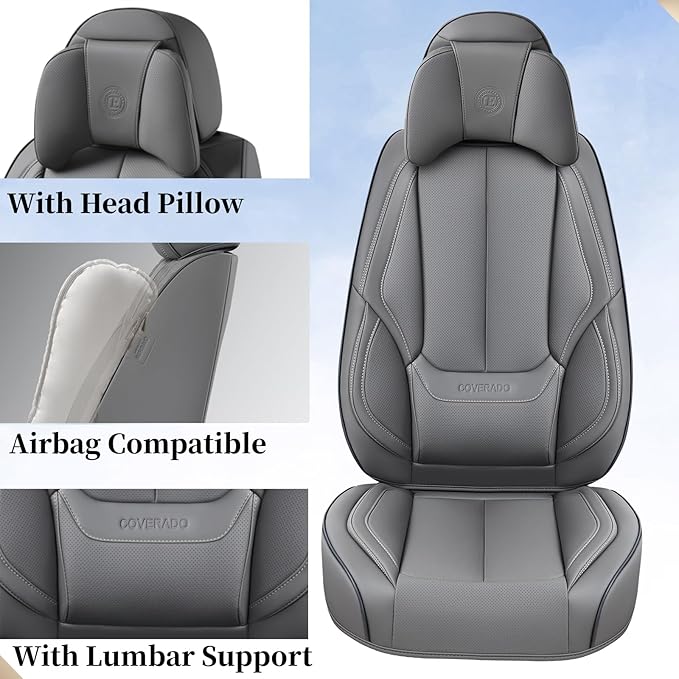 Coverado Universal Seat Covers Front, 2-Pack Universal Seat Covers for Cars, Waterproof Nappa Leather Car Seat Covers with Head Pillow, Auto Protectors Fit for Most Sedans SUV Pick-up Truck-Gray
