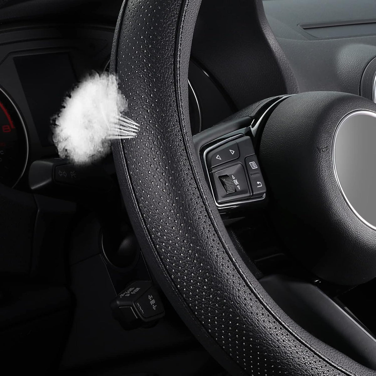 SEG Direct Car Steering Wheel Cover for F-150 Tundra Range Rover Large Size 15.5-16 inch (39.5-41cm) Black Breathable Microfiber Leather