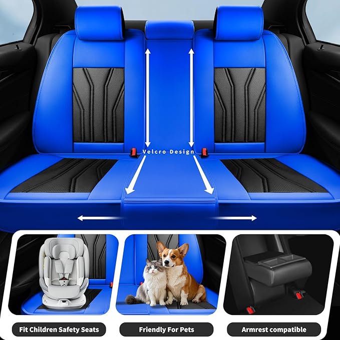 Fit Leaf Car Seat Covers Compatible with Nissan Leaf 2012-2025 2026 - Full Set Premium Leather， Waterproof Breathable， All-Weather Seat Cushion Protecto&Airbag Compatible （Blue & Black