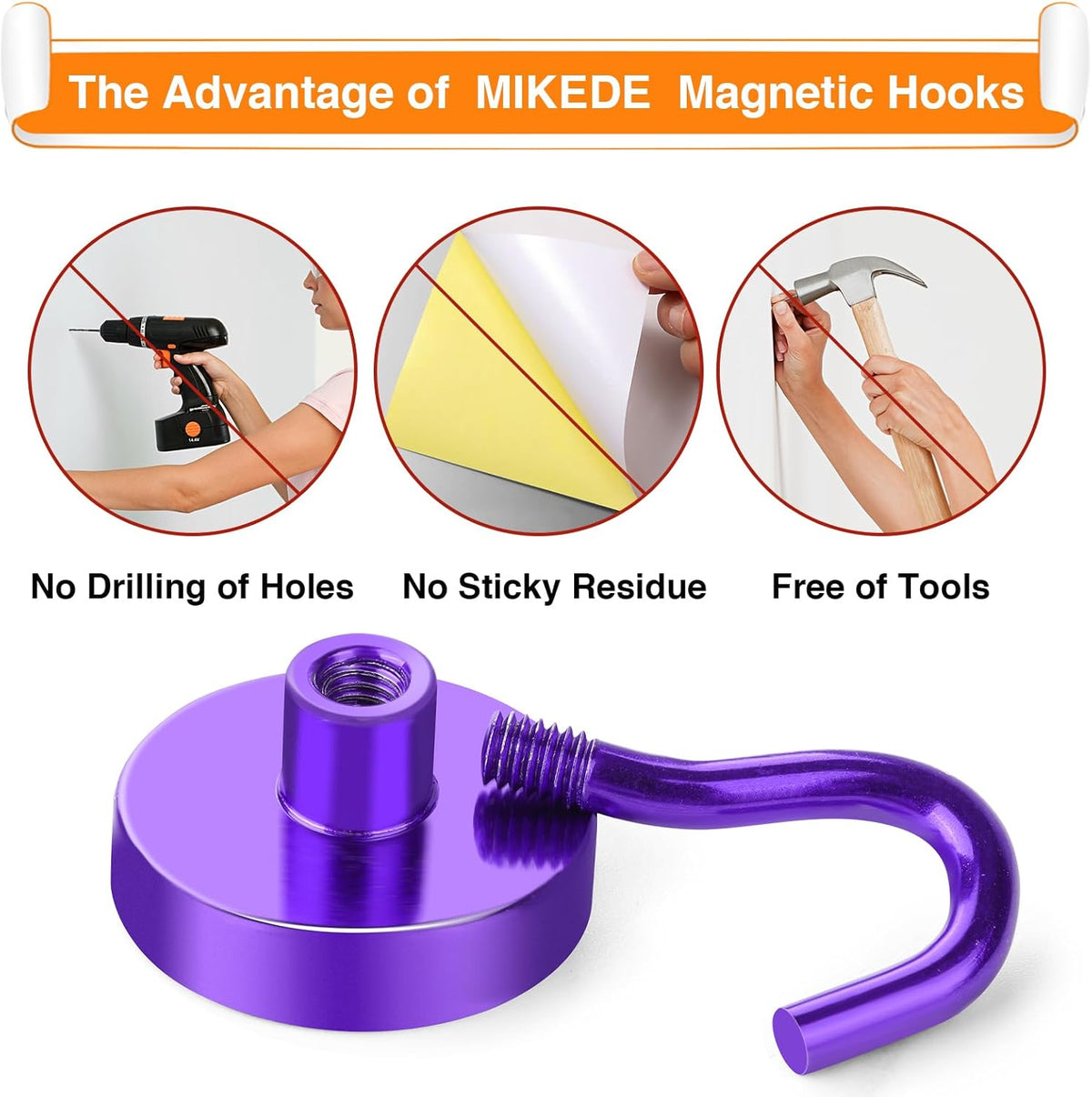 MIKEDE Magnetic Hooks Heavy Duty, 28LB+ Strong Magnets with Hook for Fridge, Neodymium Extra Strength Industrial Hooks for Hanging, Magnetic Hanger for Toolbox, Cruise, Grill (Purple, 4 Pack)
