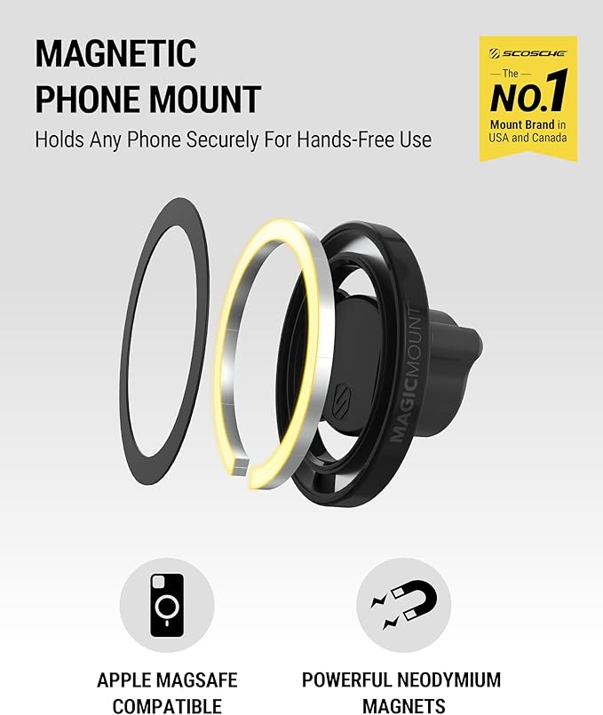 Scosche SMS1ODVR-1 MagicMount 5-in-1 MagSafe Phone Mount for Car Vent, Dashboard and Back of Display for Floating Screens, Hands Free Magnetic Cell Phone Holder Compatible with iPhone 16 15 14 13 12