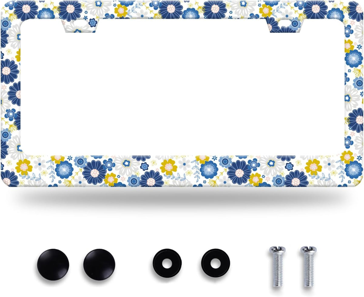 White Blue Hippie Flowers License Plate Frame Colorful Floral License Plate Holder Funny Car Accessory Decoration 12.3"x6.3" for Women