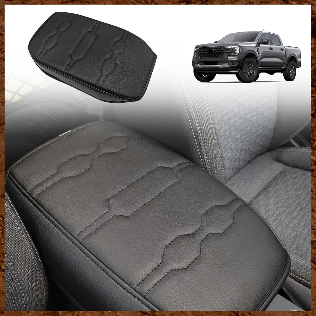 Muslogy Center Console Armrest Cover Compatible with Ford Ranger 2024 2025 Accessories Comfort Armrest Pad Cushion Box Lid Cover Vegan Leather Protector Regular Thick(Black/Black Stitching)