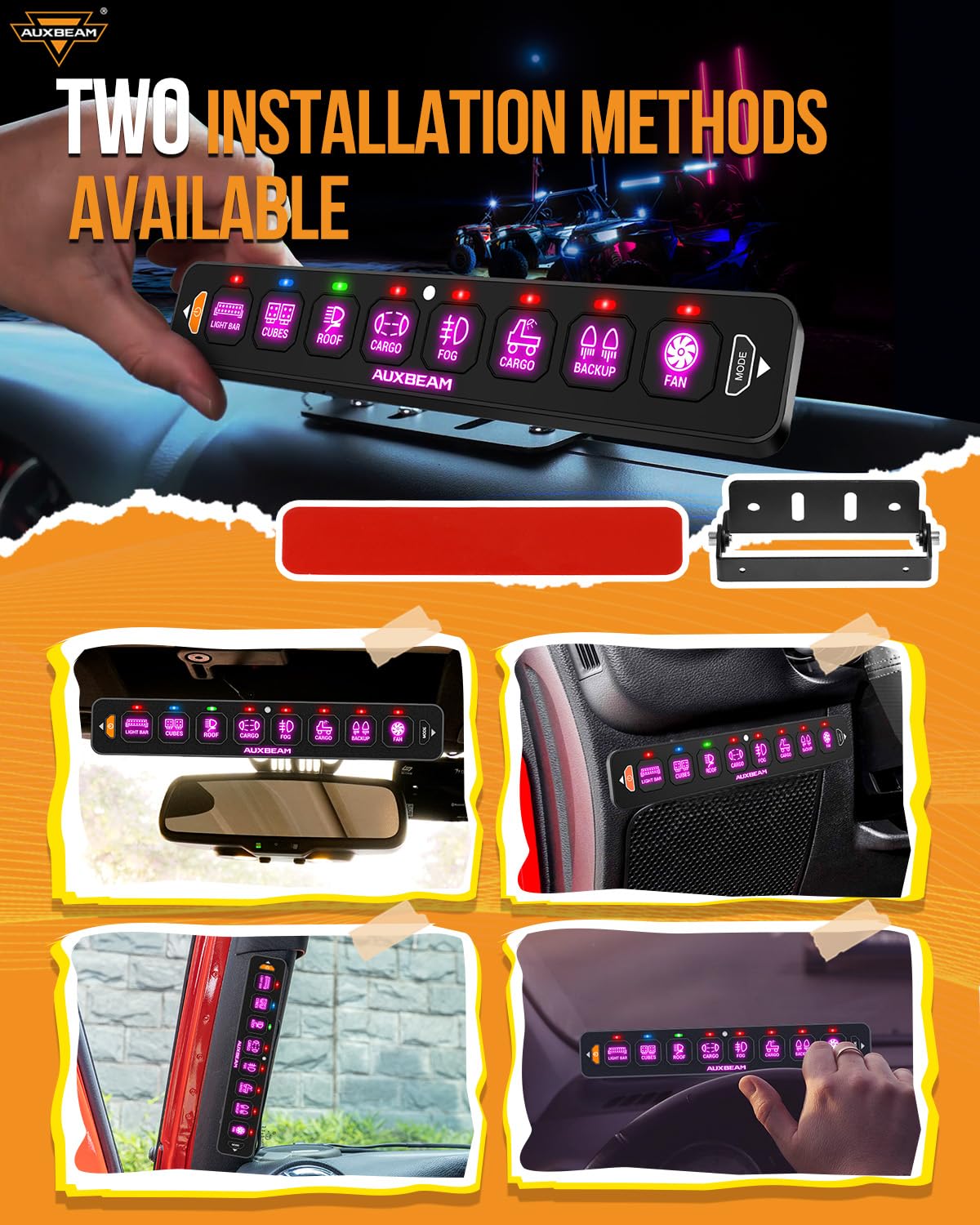 Auxbeam 8 Gang Slim Switch Panel RGB AS-R80 Toggle Momentary Pulsed Dimmable Backlight 80A Multifunction Switch Panel with Memory Function for 12-24V Truck Offroad Car Marine 2 Years Warranty