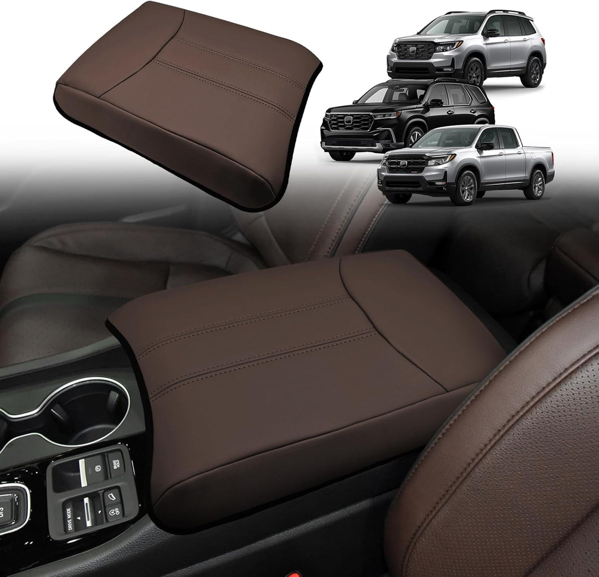 Muslogy Center Console Cover Compatible with Honda Pilot 2023 2024 2025, 2024-2026 Ridgeline/Passport Accessories Armrest Cover Pad Lid Cushion Middle Console Protector Leather Extra Soft(Dark Brown)