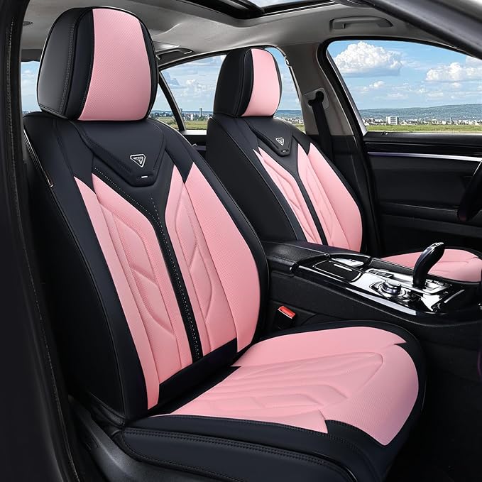 Coverado Front Seat Covers, Car Seat Covers Front Seats, Leather Seat Covers for Cars, Automotive Seat Covers Car Seat Protector Car Accessories Fit for Most Sedans SUV Pick-up Truck(Black&Pink)