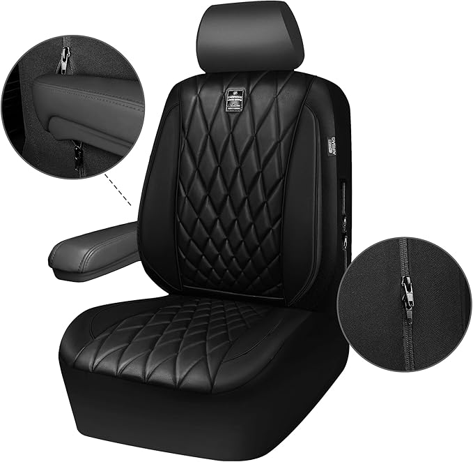CAR PASS 5 Seats Piping Luxury Faux Leather Seat Covers Full Set, Anti-Slip Waterproof Seat Covers Compatible with Front Armrests, Universal Fit for Suvs,Vans,Trucks,Airbag Compatible, Pure Black