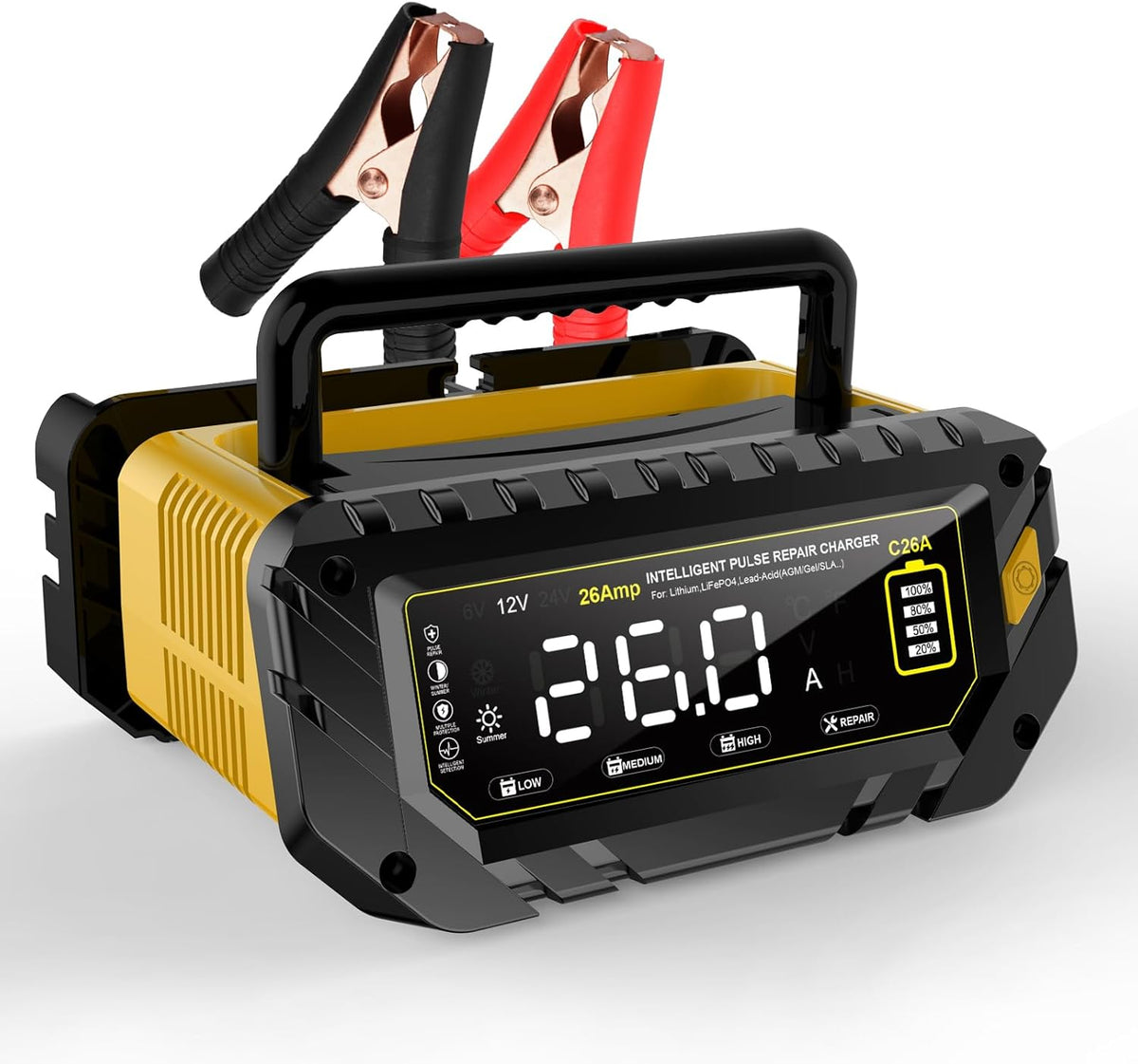 26-Amp Battery Charger, 6V/12V/24V Car Battery Charger & Maintainer, Trickle Charger for Lithium LiFePo4 Lead Acid (AGM/Gel/SLA..), Smart Deep Cycle Charger for Motorcycle Lawn Mower and Marine...