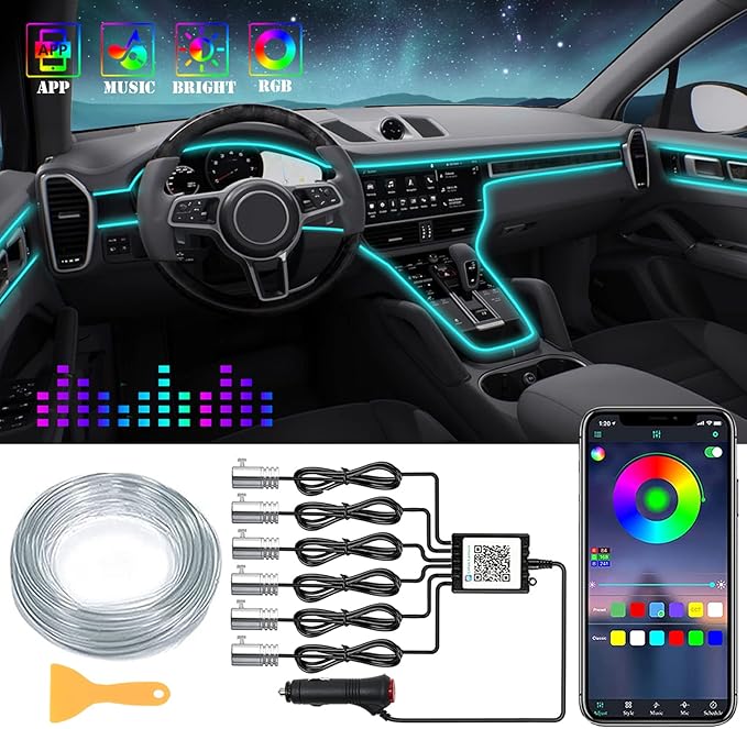 DEHERANE Interior Car LED Strip Lights, RGB 6 in 1 Ambient Lighting Kits with 315 inches Fiber Optic, 16 Million Colors APP Wireless Control Car Neon Lights, with Music Sync Function