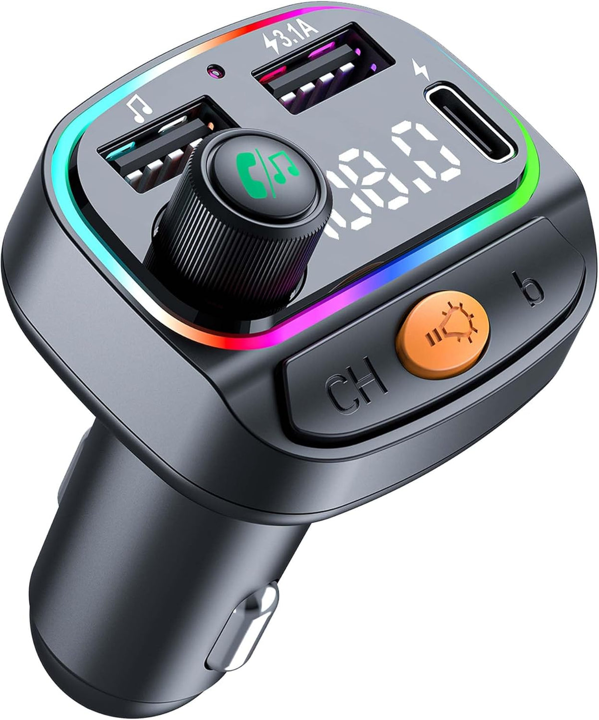 Bluetooth 5.3 FM Transmitter for Car, Wireless Car Charger with 7-Color RGB Breathing Light, Hi-Fi Sound Quality & Hands-Free Calling, Fast Charging, USB/UMP3 Play, Universal Fit for iPhone Android
