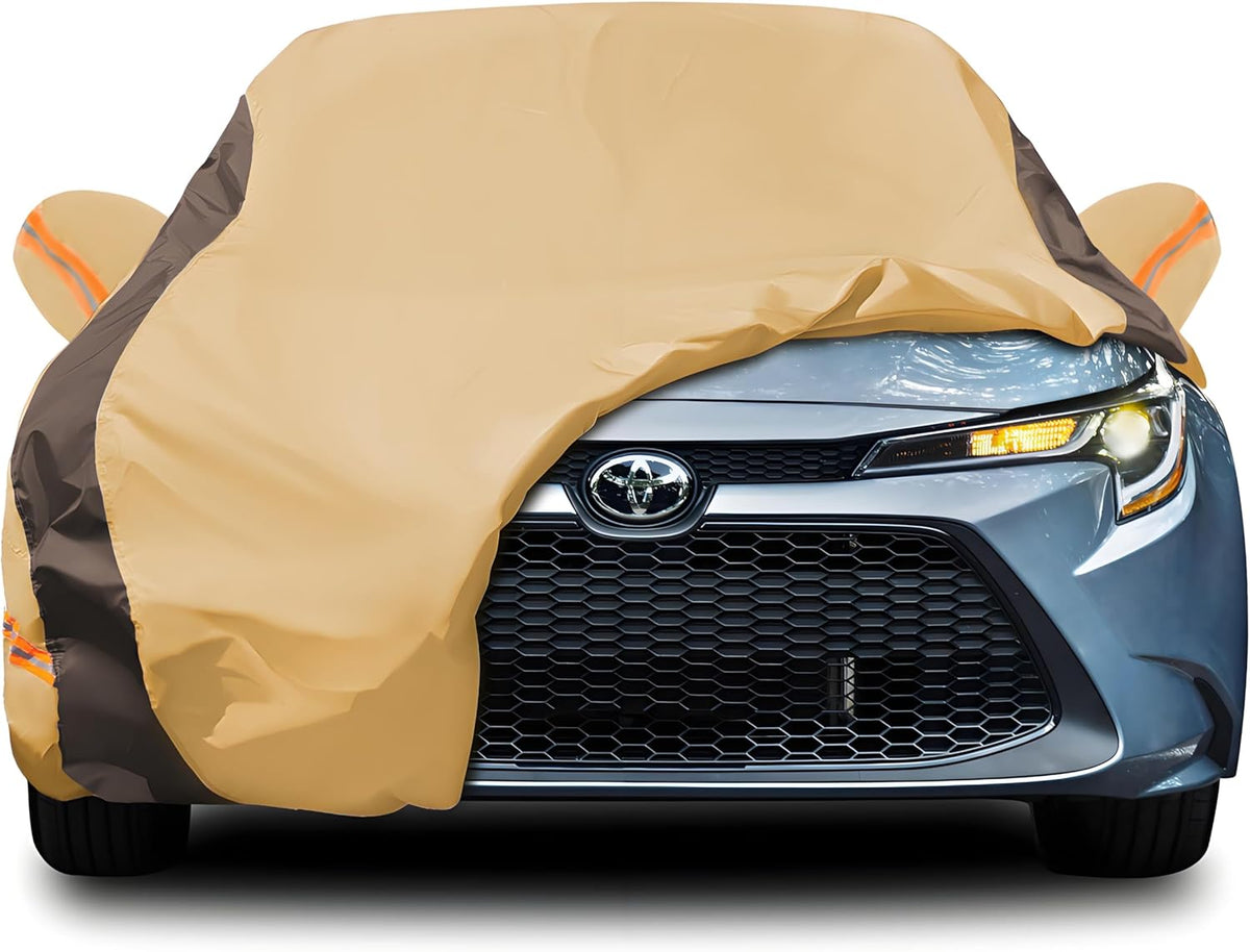 Corolla Car Cover Heavy Duty Waterproof All Weather Compatible with Toyota Corolla Sedan (2000-2024), Outdoor Anti-UV Sun Rain Protection Full Exterior Cover (Camel with Brown)